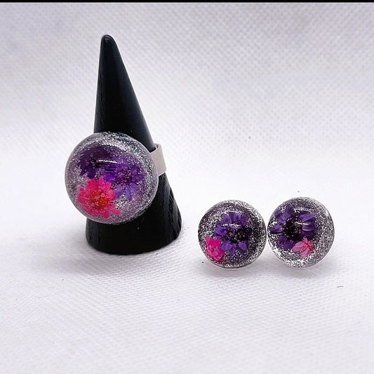 Set med ring och örhängen rosa/lila