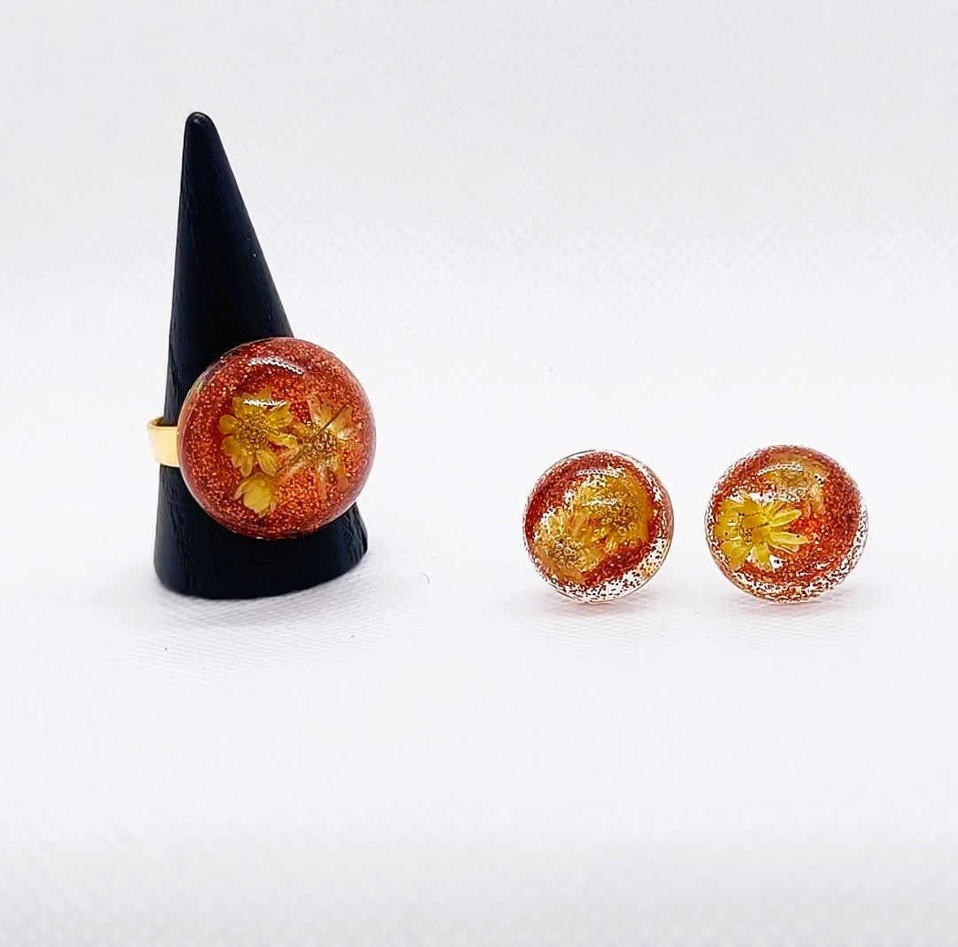 Set med ring och örhängen gul/orange