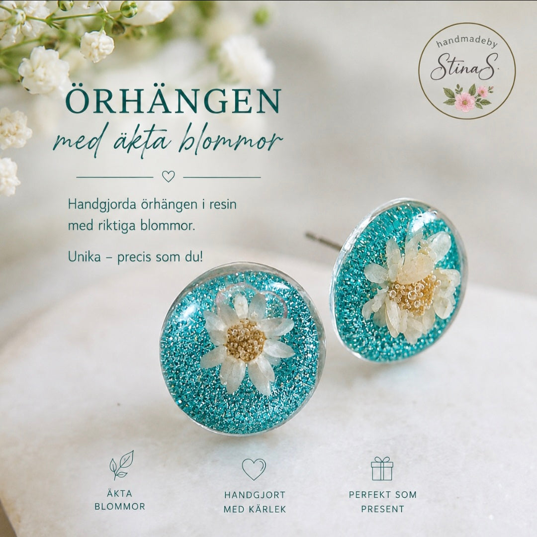 Örhängen turkos med vit blomma
